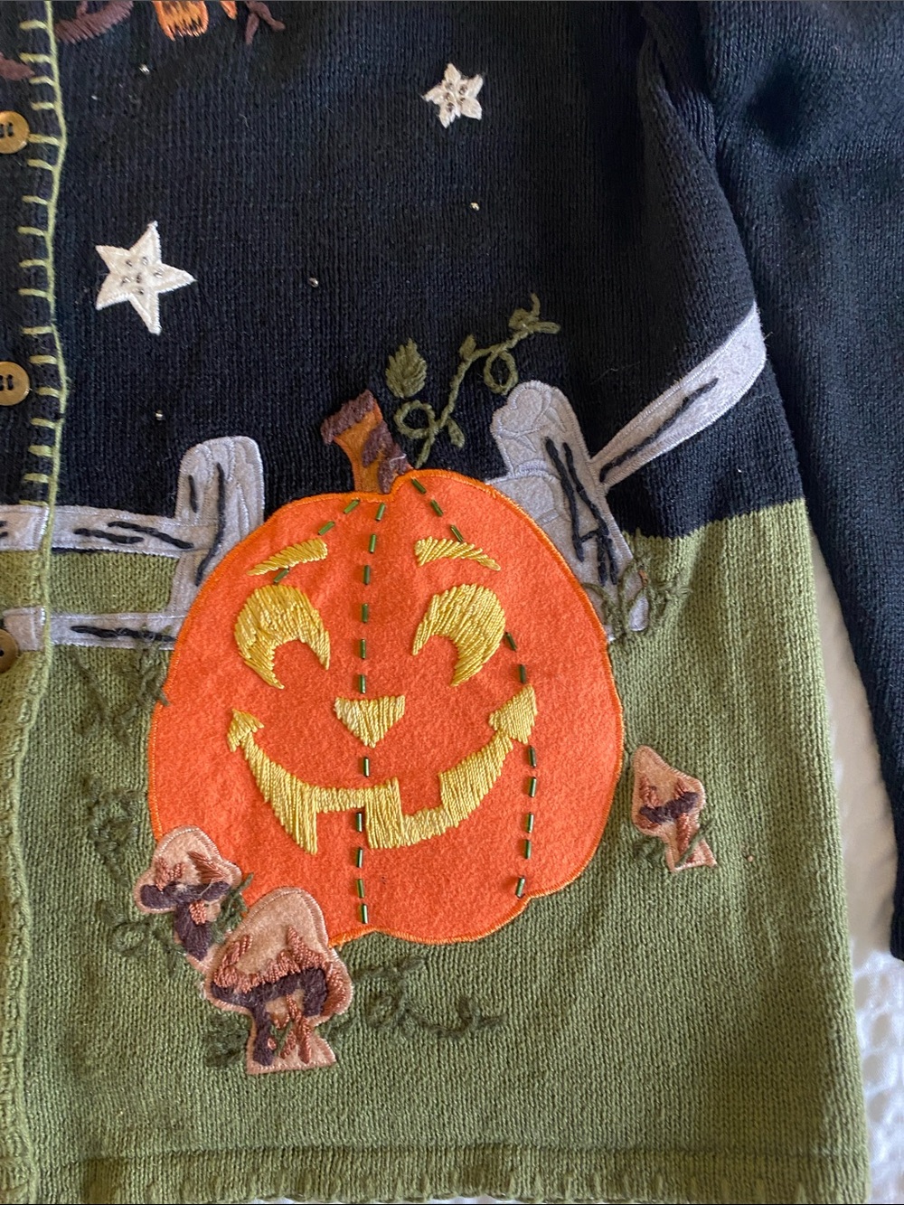 Halloween Pumpkin & Black Cat Embroidered Cardigan Sweater - Black/Olive - Picture 4 of 13